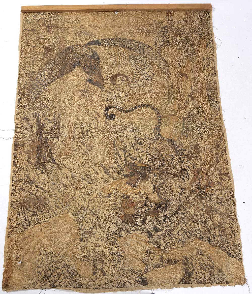 AN ANTIQUE JAPANESE WOVEN PANEL depicting an eagle flying over three tigers in a forest, 136cm - Bild 2 aus 3