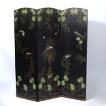 A PAINTED THREE FOLD DRAUGHT SCREEN each section with arching top and decorated with exotic birds