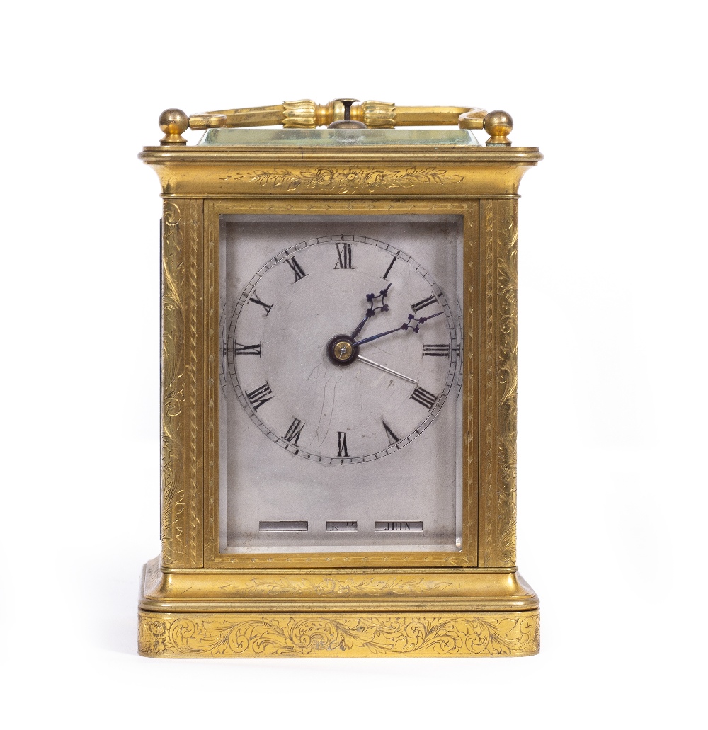 A RARE 19TH CENTURY FRENCH BRASS QUARTER REPEATING CALENDAR CARRIAGE CLOCK