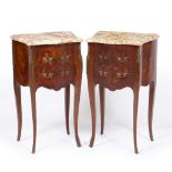 A PAIR OF CONTINENTAL SERPENTINE MARBLE TOPPED SIDE TABLES with twin drawers, sans traverse and with