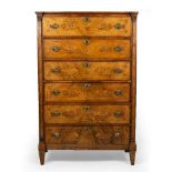 A 19TH CENTURY DUTCH WALNUT MARQUETRY DECORATED CHEST of six long drawers with oval brass handles