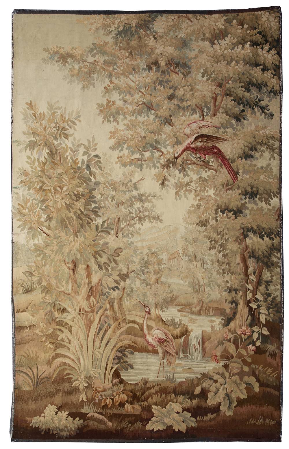 A 19TH CENTURY AUBUSSON TAPESTRY PANEL depicting the house on a river with wading bird in the