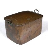 A LARGE RECTANGULAR 19TH CENTURY COPPER LIDDED VESSEL with loop handles, the lid later hinged for