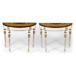A PAIR OF GEORGE III STYLE SEMI CIRCULAR CONSOLE TABLES with painted ribbon tied floral swags to the