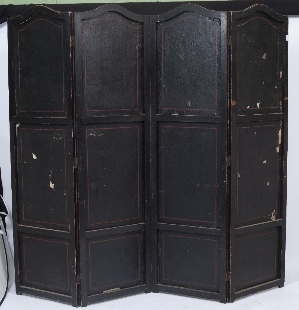 A 19TH CENTURY PAINTED AND EMBOSSED LEATHER MOUNTED FOUR FOLD SCREEN each section with an arching - Bild 2 aus 2