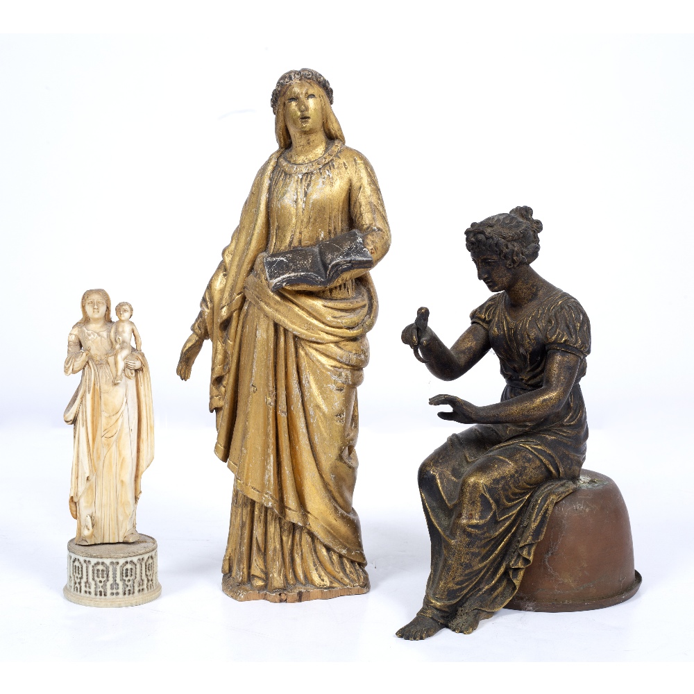 AN ANTIQUE CONTINENTAL IVORY VOTIVE FIGURE depicting the Virgin and Child, 16.5cm high; together