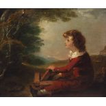 19TH CENTURY ENGLISH SCHOOL A boy in a red coat and trousers studying a bird in a tree, 30 x 35.5cm,