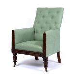 A 19TH CENTURY MAHOGANY LIBRARY ARMCHAIR with green upholstered button back, carved fronts to the