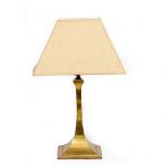 A BRASS SQUARE SECTION TABLE LAMP on a spreading base stamped Walker & Hall, 18cm wide at the base