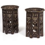 A PAIR OF EBONISED MIDDLE EASTERN OCTAGONAL OCCASIONAL TABLES with bone inlay and pewter stringing