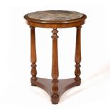 AN EMPIRE STYLE CIRCULAR MAHOGANY MARBLE INSET OCCASIONAL TABLE with three turned supports and