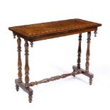 A VICTORIAN ROSEWOOD CENTRE TABLE with a band of parquetry decoration to the top and with turned