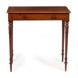 A 19TH CENTURY MAHOGANY SIDE TABLE with rectangular top, frieze drawer with turned knop handles