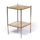 A TWO TIER SILVERED BRASS AND LEATHER COVERED SQUARE OCCASIONAL TABLE with reeded legs, 39.5cm
