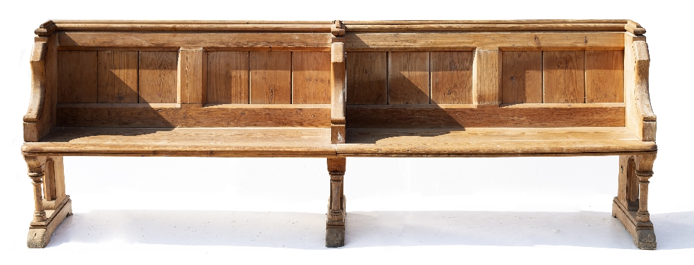 A VICTORIAN PINE FOUR SEATER PEW with moulded top rail, shaped ends and turned supports to the seat, - Image 4 of 4