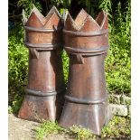 A PAIR OF OLD SALT GLAZED CROWN TOPPED CHIMNEY POTS 34cm diameter x 88cm high