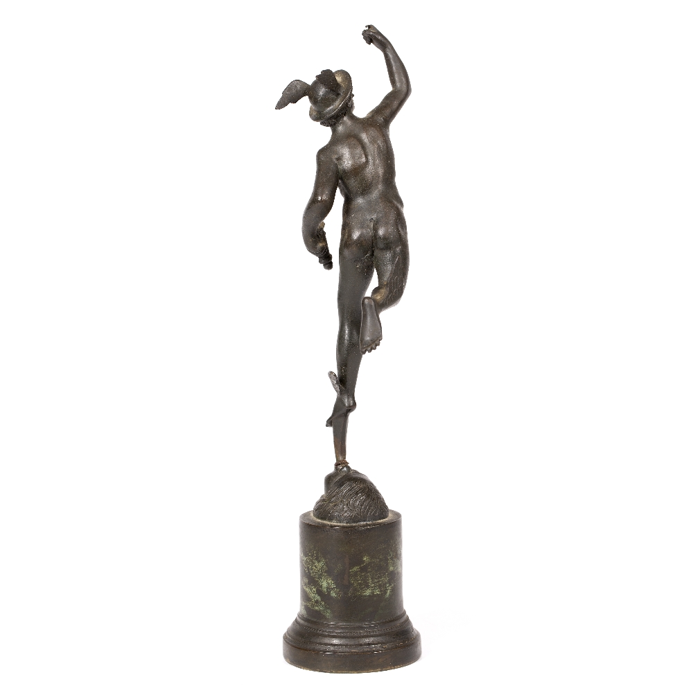 A SMALL ANTIQUE BRONZE SCULPTURE OF MERCURY flying with winged helmet and shoes, mounted on a - Image 4 of 6