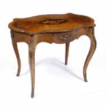 A BURR WALNUT VENEERED SERPENTINE CENTRE TABLE with crossbanded top, with central cartouche