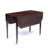 A GEORGE III MAHOGANY PEMBROKE TABLE with single drawer, the drop flaps with canted corners on