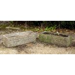 A PAIR OF CAST RECONSTITUTED STONE RECTANGULAR TROUGHS with decorative flower and animal cast panels