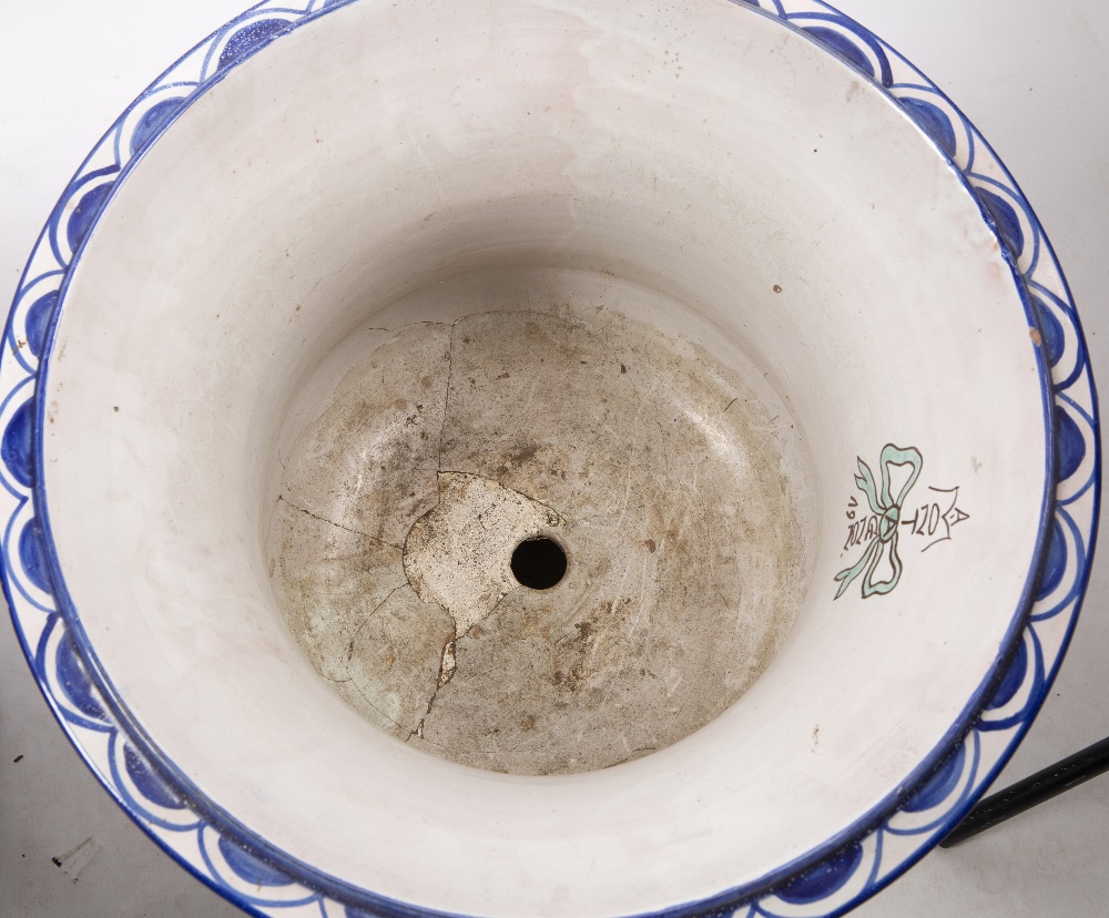 A PAIR OF LARGE CONTINENTAL TIN GLAZED VASES of campana form, decorated with lion masks and - Bild 6 aus 8