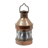 A COPPER MAST HEAD SHIPS OIL LANTERN with meteorite label, 30cm wide x 58cm high (back lacking)