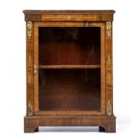 A VICTORIAN WALNUT PIER CABINET with marquetry inlay, gilt mounts and a glazed door enclosing a