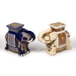 TWO SIMILAR GLAZED POTTERY ELEPHANT STANDS OR SEATS in the Oriental style, approximately 55cm nose