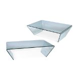 A PAIR OF CONTEMPORARY FOLDED GLASS COFFEE TABLE with rectangular tops, 69cm wide x 122cm long (2)