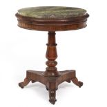 A VICTORIAN ROSEWOOD CIRCULAR DRUM TABLE with marble inset top, turned column support, triform