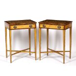 A PAIR OF GEORGIAN STYLE PARQUETRY AND SATINWOOD LAMP TABLES with geometric decoration and cross