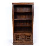 AN ORIENTAL HARDWOOD OPEN BOOKCASE with four shelves and lattice work panelled doors beneath, all