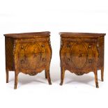 A PAIR OF CONTINENTAL WALNUT BOMBE SMALL COMMODES OR SIDE TABLES with serpentine tops, the twin