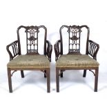 A LATE 19TH CENTURY MAHOGANY CHIPPENDALE STYLE CHINOISERIE DECORATED ARMCHAIRS with overstuffed