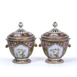 A PAIR OF LATE 20TH CENTURY DRESDEN POTPOURRI VASES the gilt ground with Japanese style cartouches