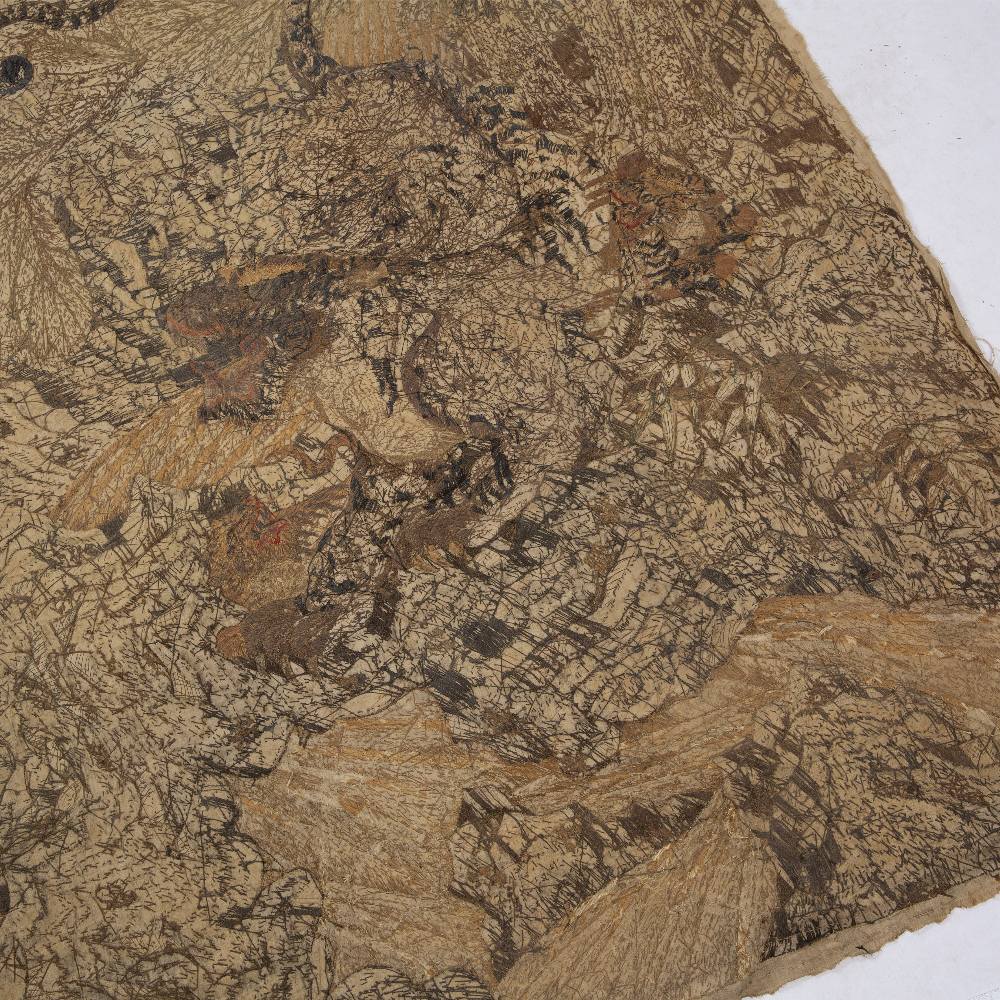 AN ANTIQUE JAPANESE WOVEN PANEL depicting an eagle flying over three tigers in a forest, 136cm - Bild 3 aus 3