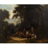 EARLY 19TH CENTURY ENGLISH SCHOOL Figures on the road with a gentleman and his donkey selling