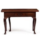 AN UNUSUALLY LARGE GEORGE III MAHOGANY FOLD OVER TEA TABLE with cabriole legs terminating in pad