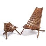 A LATE 20TH CENTURY DESIGNER HARDWOOD FOLDING CHAIR with shaped slatted back and seat, 68cm wide x