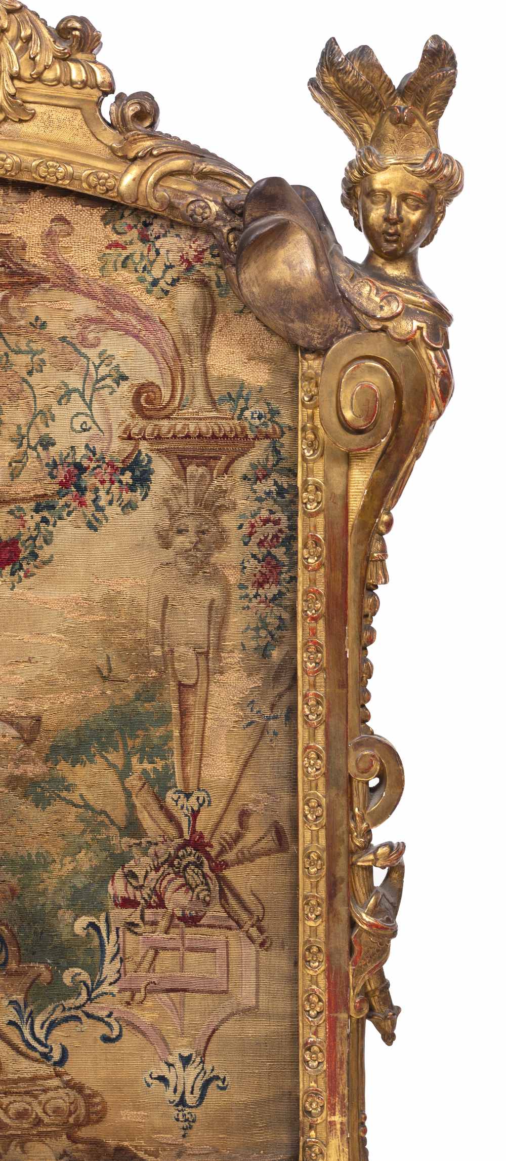 A DECORATIVE GILT FIRE SCREEN the finials in the form of female heads with plumed head dresses, with - Image 2 of 3