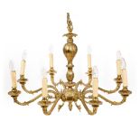 A CAST GILT BRASS EIGHT BRANCH ELECTROLIER OR CHANDELIER with acanthus leaf decoration, 81cm wide