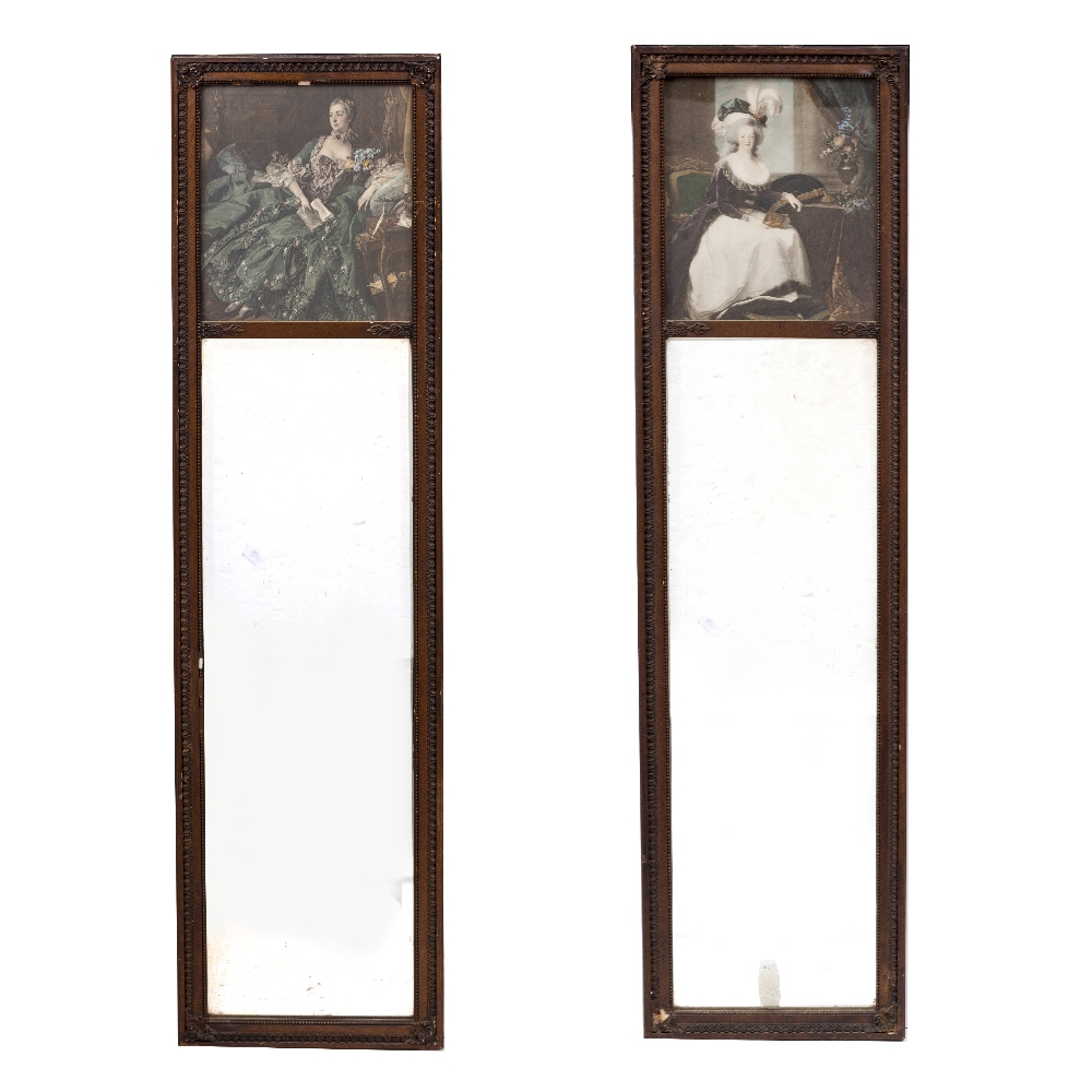 A PAIR OF DECORATIVE EARLY 18TH CENTURY FRENCH STYLE MIRRORS set with prints of courtly ladies