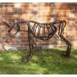 A CONTEMPORARY WROUGHT IRON SCULPTURE depicting a dog with chain collar, 114cm long x 69cm high