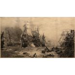 WILLIAM LIONEL WYLLIE (1851-1931) HMS Victory at the Battle of Trafalgar, etching, signed in
