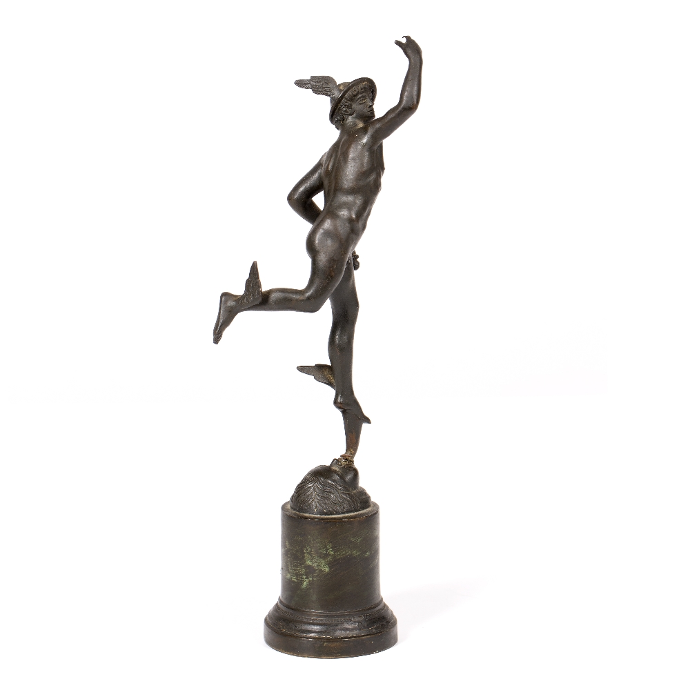 A SMALL ANTIQUE BRONZE SCULPTURE OF MERCURY flying with winged helmet and shoes, mounted on a - Image 2 of 6