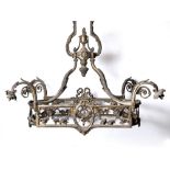 AN EARLY 20TH CENTURY CONTINENTAL ORMOLU ELECTROLIER of rectangular form with rounded ends, acanthus