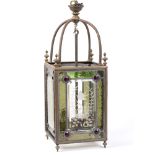 A VICTORIAN BRASS SQUARE SECTION HALL LANTERN with etched and coloured leaded glass panels to each