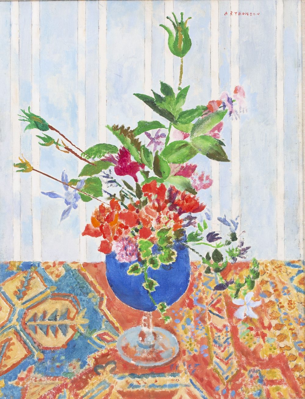 ALFRED REGINALD THOMSON (1895-1979) Flowers on a carpet, still life, oil on board, signed upper