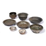 A GROUP OF THREE WHITE METAL, PEWTER AND SILVERED COPPER BOWL AND DISHES some with pressed