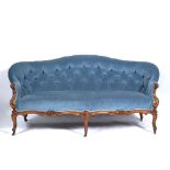 A VICTORIAN SHOW WOOD SOFA with blue Draylon button upholstered back and serpentine fronted seats,